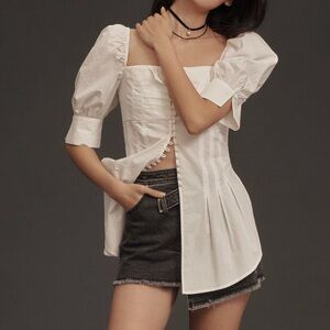 Anthropologie White Square Neck Puffy Short Sleeves Tunic Cotton Top Blouse XXS